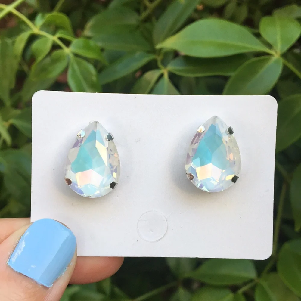 White Opal Aurora Borealis + Silver Pear Crystal Earrings